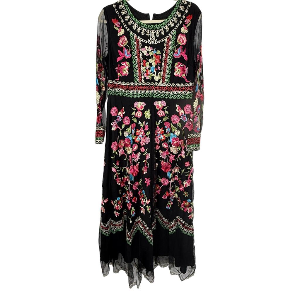 By Megyn Maxi Dress Women Size 10/12 (Estimated) Black Embroidered Floral Mesh - Picture 2 of 12